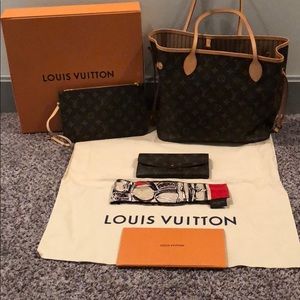 Louis Vuitton Neverfull MM, wallet, pouch& bandeau